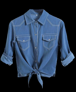 Camisa Vaquera de Mujer de Primera Calidad en Oferta, con Cuello Cruzado y Botones al Frente, Manga Tres Cuartos, con Contraste 2026 - Product Image 1