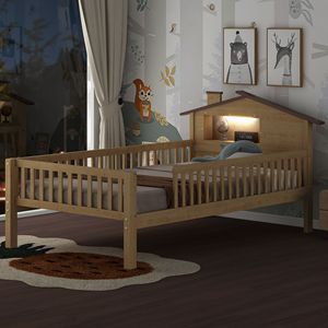 Letto a piattaforma in legno per bambini, misura Twin, con testiera a LED a forma di casetta e contenitore integrato, colore naturale - Product Image 1