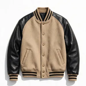 Veste de baseball vintage pour homme en laine grise avec manches en cuir noir, patchs lettres et boutons pression - Product Image 6