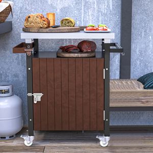 Carrello da Cucina per Esterni in Acciaio Inossidabile con Griglia Integrata, Ripiani Portaoggetti, Ruote da Patio, Porta Spezie Impermeabile e Ganci - Product Image 1