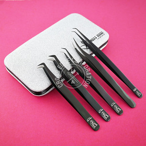 Luxury Fiber Tip Black Color Eyelash Lash Tweezers Strips Wholesale Fox Eye Lashes Stainless Full Strip90 Degree Lash Tweezers - Product Image 1