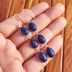 Natural Lapis Lazuli Bohemian Drop <b>Earrings</b> Handmade <b>Silver</b> Plated Brass Blue Gemstone <b>Dangle</b> <b>Earrings</b> High Quality Unique - Product Image 1