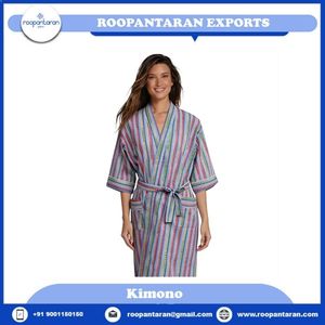 Robe mi-longue rayée pour femme, col mandarin, manches courtes, en coton tissé et fibre de bambou, douce, décontractée, printemps, fermeture à cordon - Product Image 2
