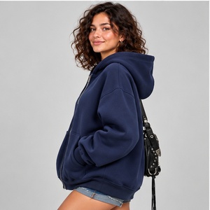Navy <b>Blue</b> Custom Applique Zip Up Hoodie <b>Women</b> Oversized Heavyweight <b>Fleece</b> Sweatshirt Drop Shoulder Casual Winter Jacket - Product Image 3