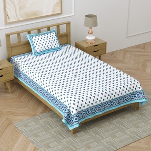 Heritage <b>Single</b> Cotton <b>Bedsheet</b> Blue Buti Hand Block Print with Floral Border and Pillow Cover for Home Hotel - Product Image 1