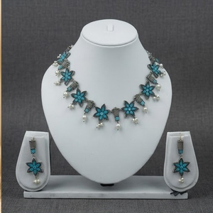 DIVYORO Floral Blue Pearl Ethnic <b>Statement</b> Choker <b>Necklace</b> and Earrings Set for Women Vintage Party Wedding Jewelry - Product Image 1