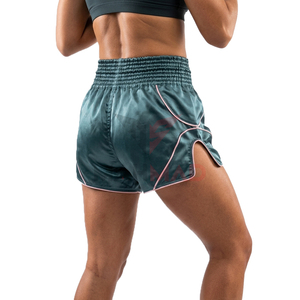 Pantalones Cortos de Boxeo con Logotipo Personalizado para Mujer, Color Verde Oscuro con Ribete Rosa, Impresión por Transferencia de Calor, Ropa de Lucha MMA Muay Thai, Corte Regular para Adultos - Product Image 5