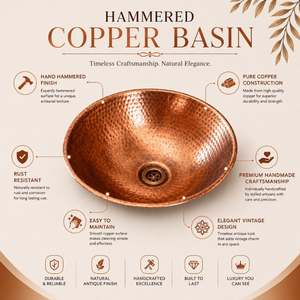 Handcrafted <b>Round</b> Hammered Copper Vessel Wash <b>Basin</b> Luxury Countertop Bathroom Sink Artisan Copper <b>Basin</b> for Home Hotel villa - Product Image 5