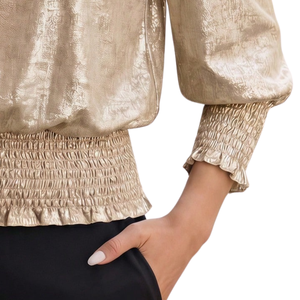 Women's Golden Polyester Satin Loose Autumn Blouse with Hubble-<b>Bubble</b> Sleeves O-Neck Elastic Waist Ruffles XL Chic Party Wear - Product Image 5