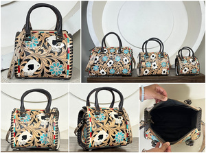 Premium Tooled Genuine Leather Small Speedy Duffel Bags Western Floral Card Design Shoulder Crossbody Travel Handbag for Women - Product Image 3