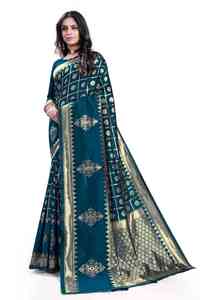 Sari de seda color verde azulado con borde dorado y motivos florales, sari para bodas y festivales, ropa tradicional india étnica para mujer - Product Image 5