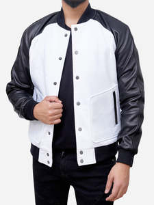 High Quality Wholesale Custom Varsity <b>Jacket</b> for <b>Men</b> Wool Chenille Embroidery Baseball <b>Jacket</b> Letterman <b>White</b> And Black Colour - Product Image 4