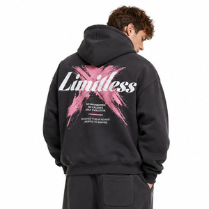 Sweat-shirt à capuche oversize noir et rose délavé avec motif brossé, en coton épais personnalisé, coupe ample unisexe, style jogger, fabrication usine - Product Image 2