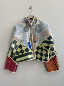 Kantha Vintage Reversible Handmade Spandex/Cotton <b>Jacket</b> with Patchwork Design and Horn Buttons for <b>Women</b> Winter Wear - Product Image 2