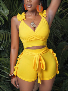 <b>Women</b> <b>Yellow</b> Ruffle Sleeveless Crop <b>Top</b> With High Waist Shorts Set Sexy Club Summer Outfit - Product Image 1
