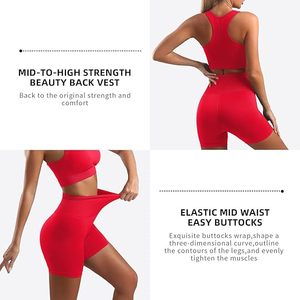 Conjunto de Yoga de 2 Piezas para Mujer, Top Corto Rojo con Espalda Cruzada, Pantalones Cortos de Cintura Alta, Ropa Deportiva sin Costuras de Spandex y Poliéster - Product Image 1