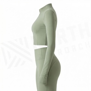 2 Piece Yoga Set Solid Green Full Sleeve Crop <b>Top</b> High Waist Leggings Zipper Front <b>Sweat</b> Wicking Breathable Sportswear - Product Image 3