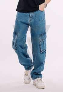 Pantalon cargo baggy en jean bleu foncé pour homme, coupe droite, avec empiècements, délavé, poches aux genoux, écologique, respirant, avec logo - Product Image 6