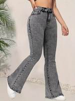 Jean évasé taille haute en denim de coton bleu uni délavé, coupe décontractée pour femme