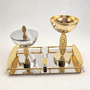 This Elegant Golden Incense Burner Set Features A Polished Mirror Tray <b>Matching</b> Storage <b>Jar</b> & Tool For Luxurious Home Fragrance - Product Image 2
