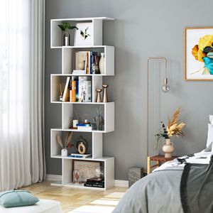 Librería Geométrica en Forma de S de Madera, Unidad de Almacenamiento y Exhibición de 6 Niveles, 75" de Alto x 27.6" de Ancho, Blanca - Product Image 4