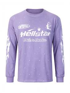 เสื้อยืดแขนยาวสีม่วงอ่อนแบบกำหนดเอง พิมพ์ลายกราฟิกเปลวไฟ แขนเสื้อแบบวินเทจ สตรีทแวร์ ผ้าฝ้าย ผู้ชาย ทรงโอเวอร์ไซส์ หลวม - Product Image 1
