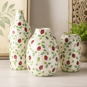 Vase décoratif en céramique à motif de feuille de grenade florale tropicale en incrustation de coquille de Capiz pour la maison mariage ovale - Product Image 6