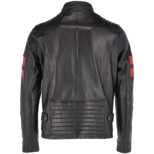 Men's Black Leather Motorcycle Jacket Slim Fit Stand Collar Red Stripe Sleeve Windproof Moto Biker Style - Product Image 6