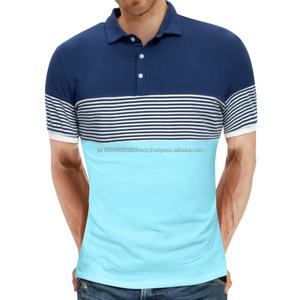 เสื้อโปโลแขนสั้นของผู้ชายเสื้อคอตตอนลายทางปะสีตัดกันแนวสปอร์ตลำลอง - Product Image 2