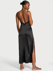 Chemise de nuit en satin de soie noir pour femme, longue, sans manches, élégante, avec détails en dentelle - Product Image 2