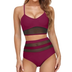 Women's 2-Piece Sporty Swim Set High Waist Shorts Spandex Nylon <b>Mesh</b> Panel Solid Color V-Neck Sleeveless Summer Wear - Product Image 4