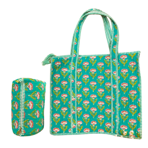 Eco Friendly Emerald Green Floral Jaipur Handcrafted Block Print Quilted Cotton Tote <b>Bag</b> + Toiletry <b>Bag</b> Set -3 Travel Giftable - Product Image 1