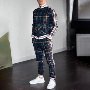 New Fashion Men's Check Print Sublimated Bomber <b>Jacket</b> Tracksuit Zip Enclosure Ribbed Hem & Cuffs Stripe Zipper Sweat Suit - Product Image 2