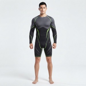 Ensemble haut et short de compression à manches longues pour homme, couleur marine et orange, blocs de couleurs, évacuation de l'humidité, coupe ajustée, vêtements de MMA - Product Image 4