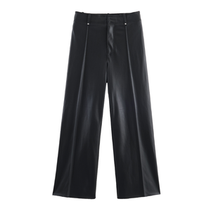 Pantalon large orange taille haute coupe ample couleur unie avec bande latérale décontracté longueur totale tissé - Product Image 2
