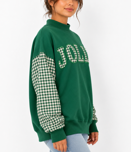 Sudadera personalizada para mujer con cuello simulado, mangas con patchwork de guinga, letras bordadas y apliques, estilo holgado, fabricante - Product Image 2