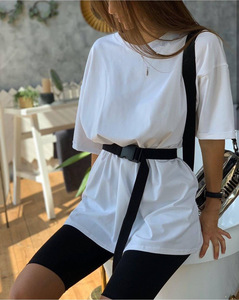 Conjunto de 2 Piezas para Mujer, Color Beige, Manga Corta, Cuello Redondo, Informal, Tejido de Algodón, Corte Holgado, con Cinturón, para Primavera/Verano - Product Image 5