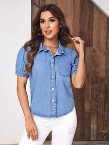 Camisa vaquera de algodón para mujer, blusa de manga larga con botones, cuello vuelto y bolsillos, para uso diario. - Product Image 4