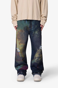 Jeans en denim personnalisés de haute qualité, lavage vintage, imprimé 3D, coupe large déchirée, streetwear hip-hop, OEM ODM, en coton pour hommes - Product Image 1