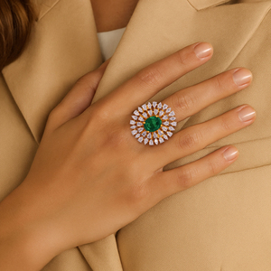 Anillo de Diamantes con Esmeralda Sunburst, Anillo de Cóctel Verde Esmeralda de Lujo Premium con Brillantes Diamantes CZ en Forma de Pera, Anillo de Moda Fino - Product Image 2