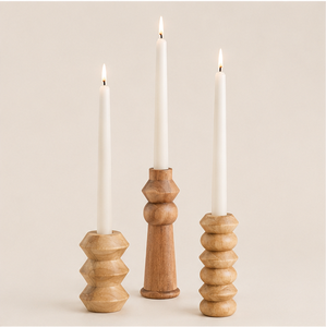Set Of 3 Natural Wood Taper Candle Holders Hand-Turned Varied Shapes For Modern Farmhouse Home Decor Dining Table Centerpiece - Product Image 3