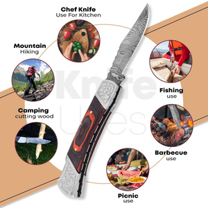 Cuchillo de bolsillo plegable EDC de acero de Damasco hecho a mano con bolster grabado y mango de madera Pakka, cuchillo para camping y actividades al aire libre con funda de cuero. - Product Image 3
