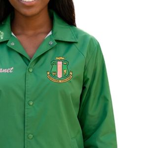 Green Women Snap Front <b>Coach</b> Jacket with Green Embroidered Crest Long Sleeve Casual Lightweight Outerwear Comfortable Daily Wear - Product Image 5