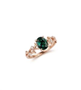 Anillo de compromiso de esmeralda verde ovalada con diamantes naturales en oro rosa de 14K y 18K, diseño vintage de hoja, anillo de aniversario para mujer - Product Image 1