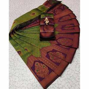 TEJIDO ATRACTIVO SEDA ZARI TEJIDO TRABAJO SAREE CON BLUSA DESCOSADA LORO VERDE - Product Image 1