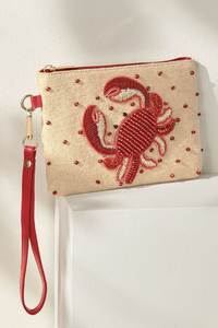 Handmade Crab Beaded Women's Leopard Pattern Wristlet Clutch Coastal Zip Pouch - Product Image 1
