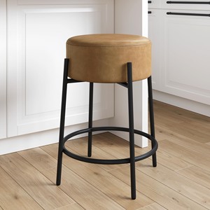 Tabouret de comptoir rond en cuir tanné industriel Aqdus Saleem AS-WLN7 avec structure en métal noir, vente en gros Moradabad - Product Image 1
