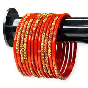 Ensemble de bracelets en verre scintillant orange foncé avec perles d'imitation plaqué or, collection tendance légère pour mariage et occasions festives - Product Image 1