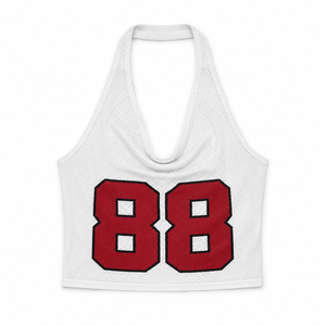 Top corto halter de malla blanca con estampado gráfico para mujer, camiseta con número personalizado, estilo Y2K, primavera-verano, jersey informal, cuello en V - Product Image 4