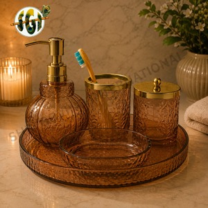Luxury Amber Glass Five-piece <b>Bathroom</b> <b>Accessories</b> <b>Set</b> Gold Finish Soap Dispenser Toothbrush Holder Storage Jar Decorative Tray - Product Image 4